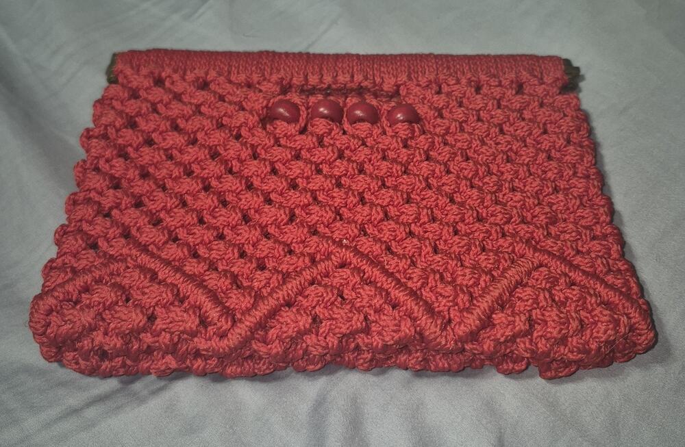 Vintage Red Crochet Macrame Clutch Purse Wood Beads Metal Frame Boho Handmade